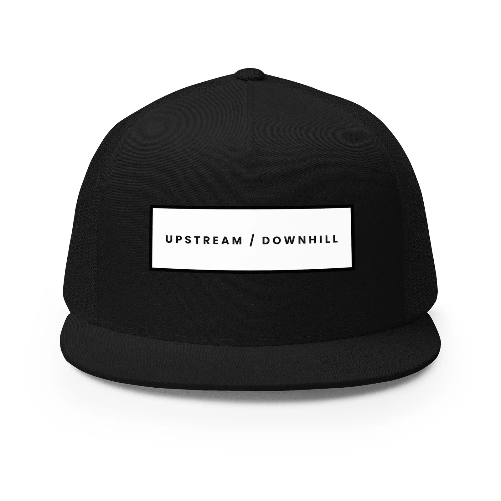 Black trucker hat with a white Upstream / Downhill wordmark patch on the front