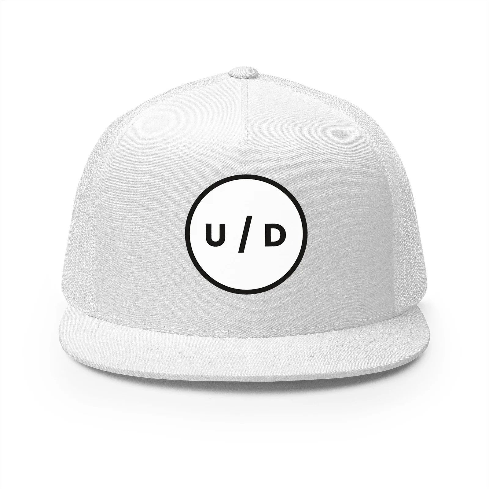 White trucker hat with a black U/D circle logo embroidered on the front