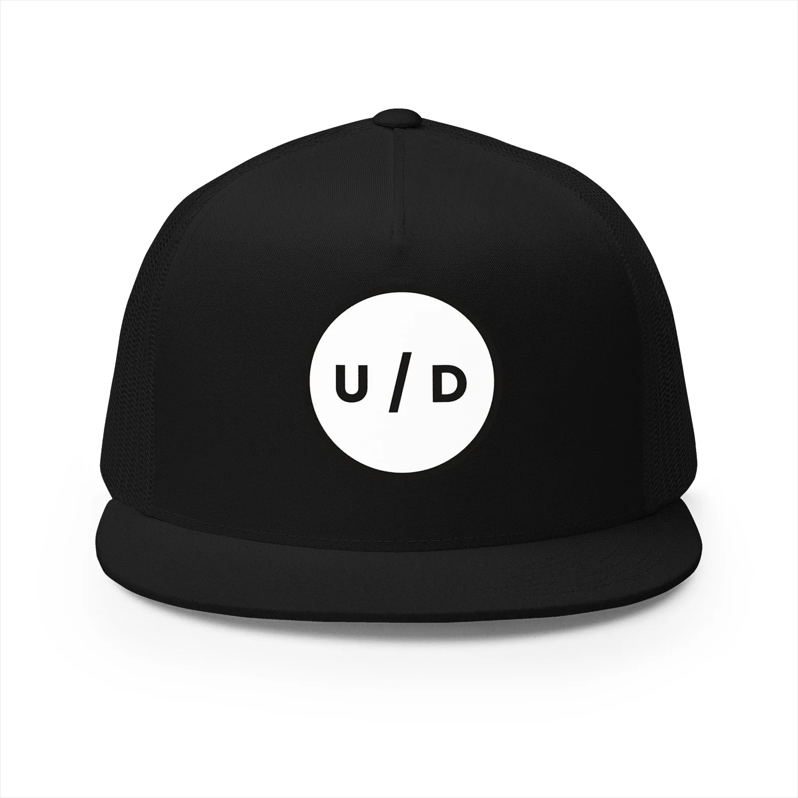 Black trucker hat with a white U/D circle logo embroidered on the front