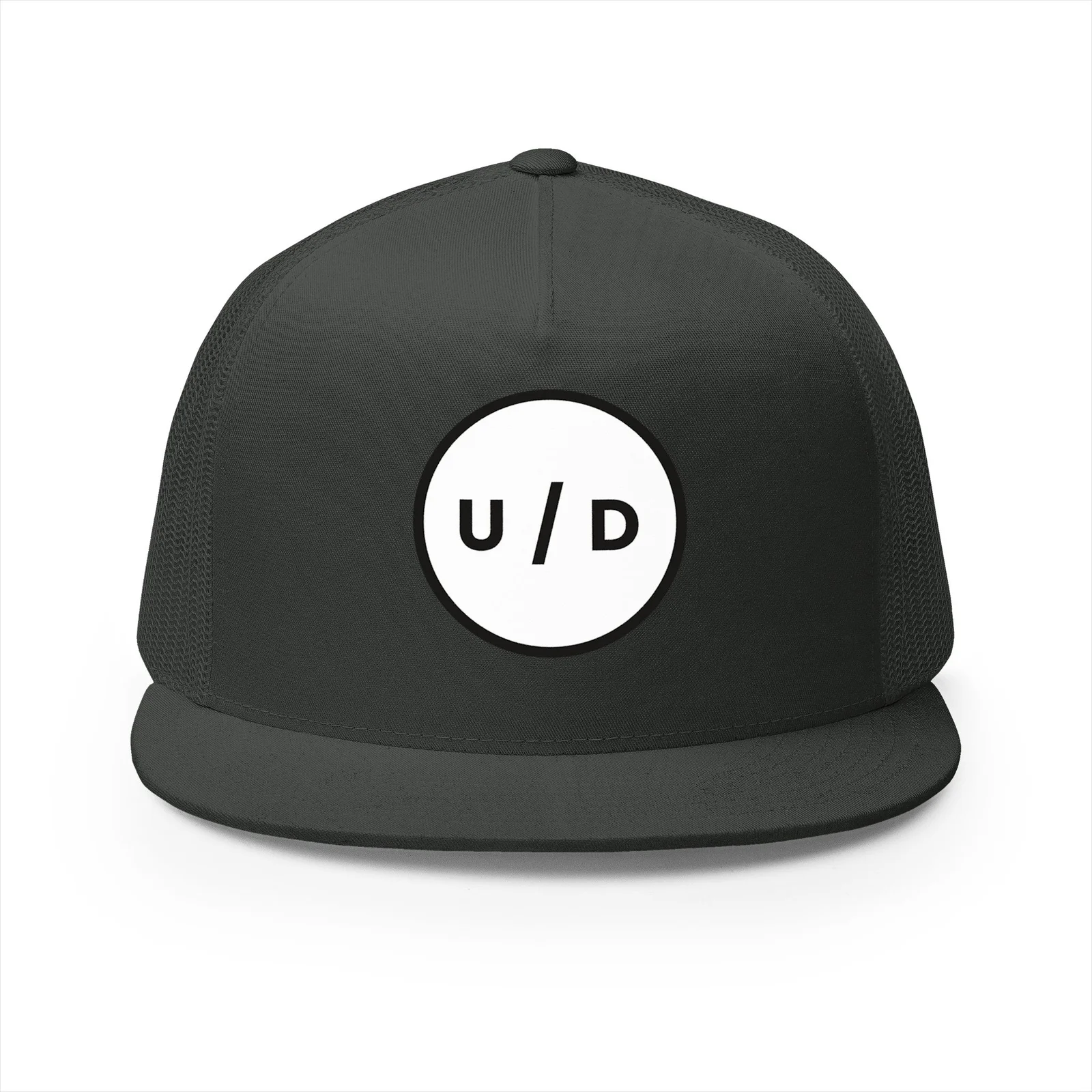 Charcoal trucker hat with a white U/D circle logo embroidered on the front