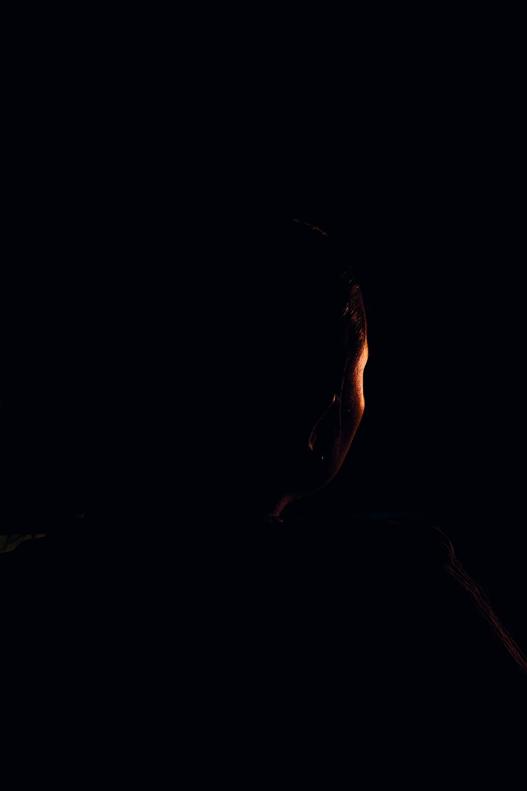 Musician silhouetted against darkness with a faint warm rim light illuminating their profile