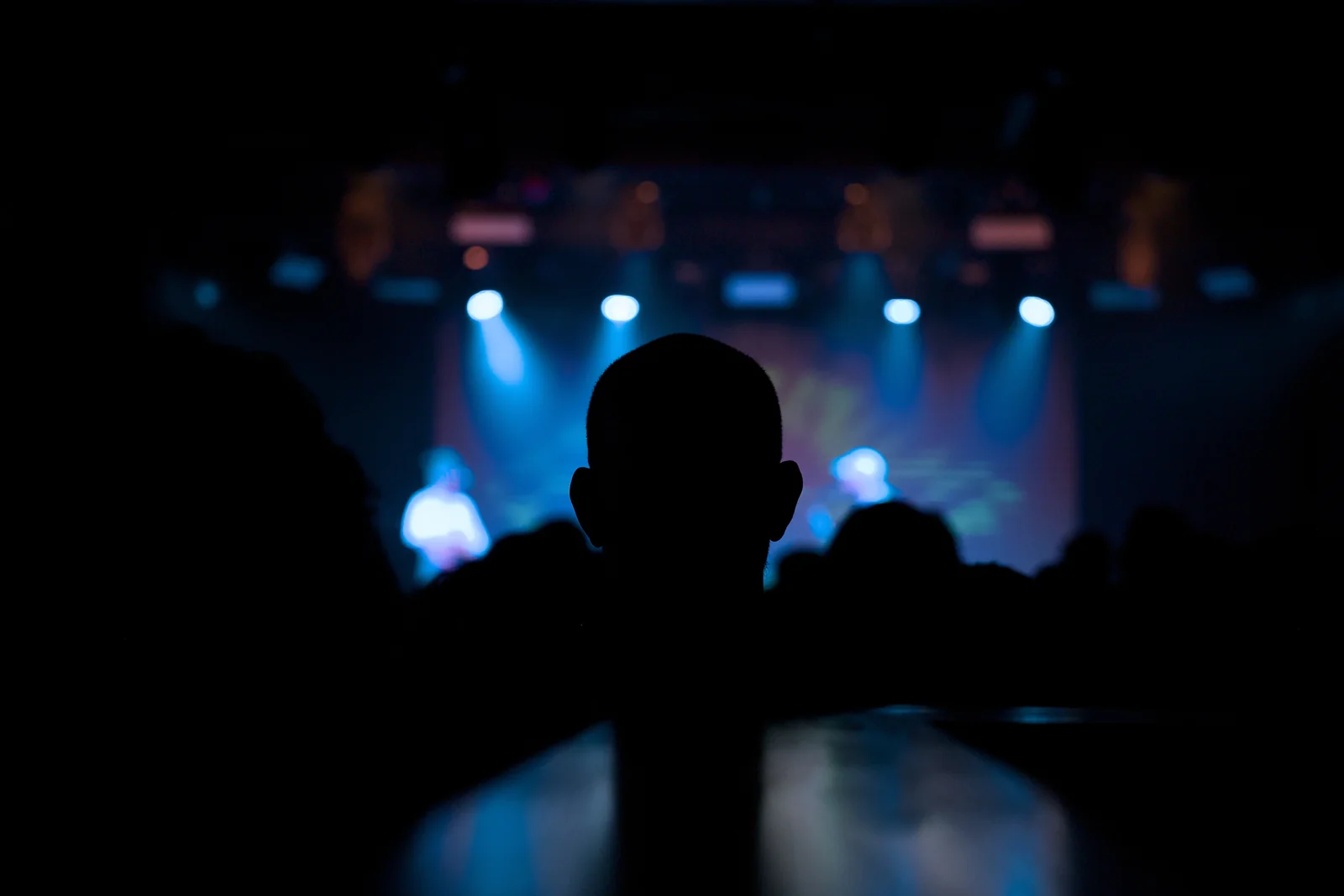 Concertgoer silhouetted against a blue-lit stage, watching a live performance