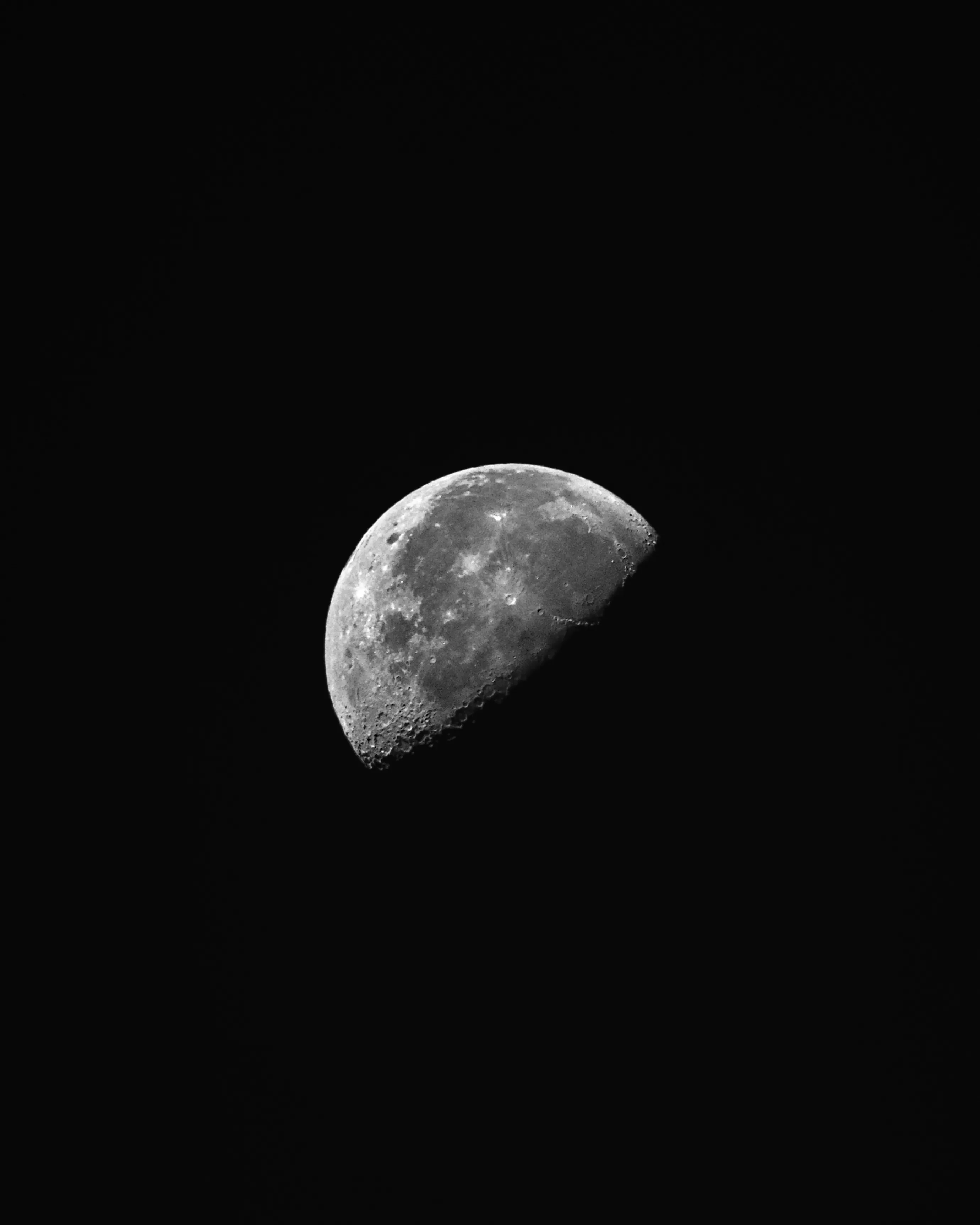 Half moon with detailed crater surface floating against a pure black night sky