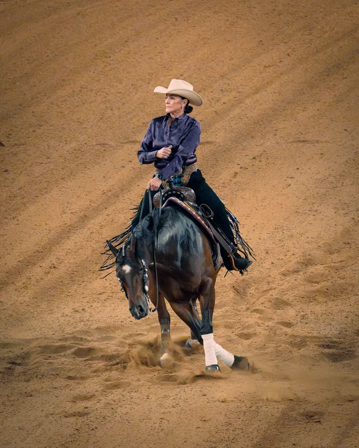 Female rider in a purple satin shirt and cowboy hat loping a dark bay horse with black fringed chaps across an arena