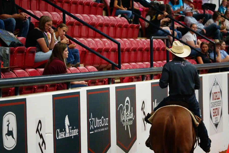 Cowboy seen from behind on horseback facing the grandstand crowd at a reining championship show
